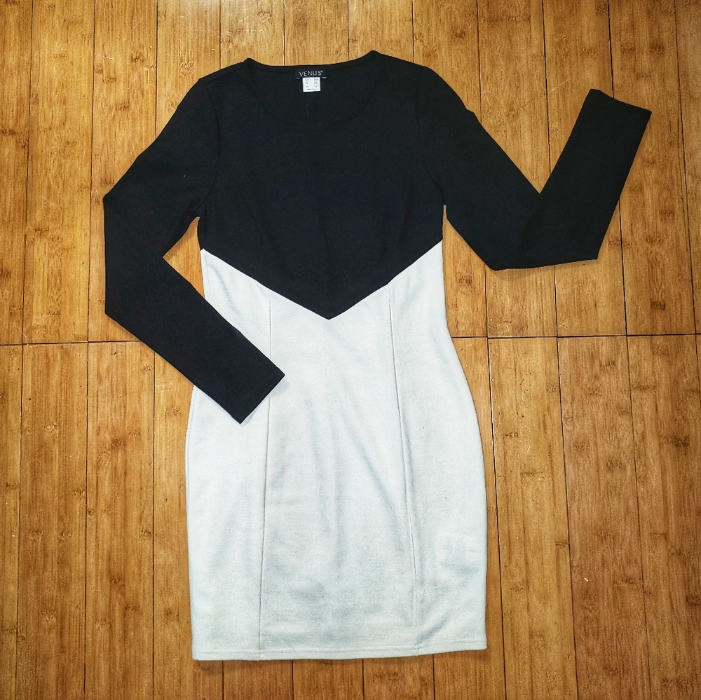 Fun, flattering black and off white VENUS dress